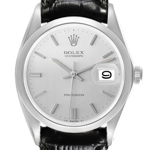 The Rolex Date model watch is shown from the front, highlighting the dial, hands, indices, and date magnifier.