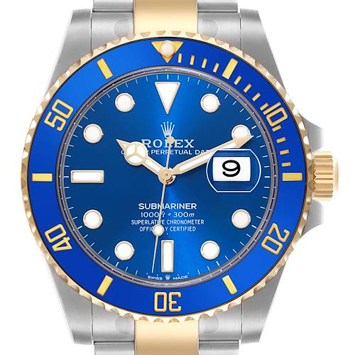 The Rolex Submariner 126613 Men's Steel and Gold (two tone) Blue Dial 126613 Men's Steel and Gold (two tone) Blue Dial watch is shown from the front, highlighting the blue dial, blue and gold bezel, and stainless steel and gold bracelet.