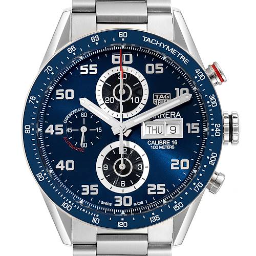The image shows a close-up front view of the Tag Heuer Carrera CV2A1V.BA0738 Men's Stainless Steel Blue Dial CV2A1V.BA0738 Men's Stainless Steel Blue Dial watch, highlighting its blue dial, chronographs, and tachymeter bezel.