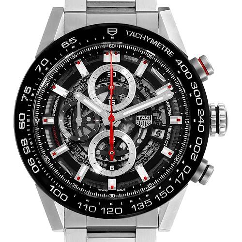 The image shows a front view of the Tag Heuer Carrera CAR201V.BA0714 Men's Stainless Steel Black Dial CAR201V.BA0714 Men's Stainless Steel Black Dial watch, highlighting the face, tachymeter bezel, and chronograph dials.