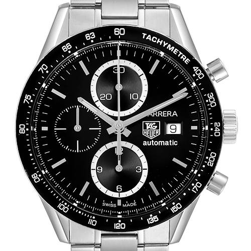 The image shows a front view of a Tag Heuer Carrera CV2010 Men's Stainless Steel Black Dial CV2010 Men's Stainless Steel Black Dial watch, displaying its dial, subdials, crown, and tachymeter bezel.