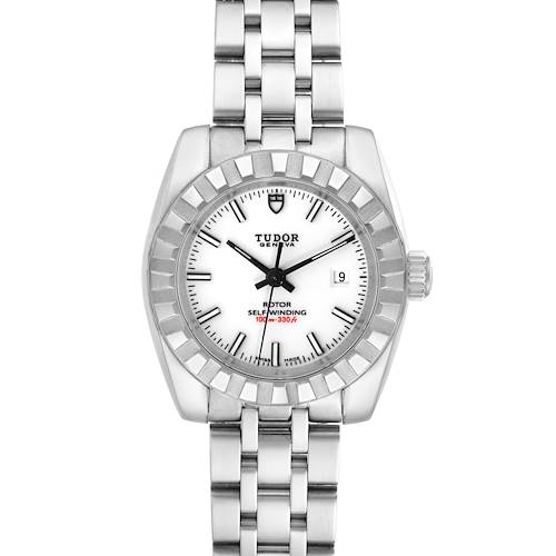 The image shows a front view of the Tudor Classic 22010 Women's Stainless Steel White Dial 22010 Women's Stainless Steel White Dial model watch, highlighting its dial, bezel, bracelet, and crown.