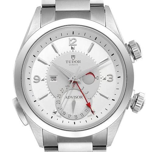 This is a frontal view of the Tudor Heritage Advisor M79620T-0001 Men's Stainless Steel Silver Dial M79620T-0001 Men's Stainless Steel Silver Dial watch, showing the dial, hands, subdials, and bracelet.
