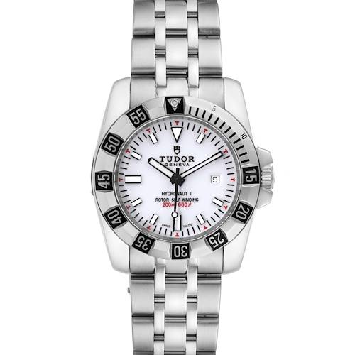 The image shows a front view of the Tudor Hydronaut 24030 Women's Stainless Steel White Dial 24030 Women's Stainless Steel White Dial II watch, displaying its face, bezel, and metal bracelet.