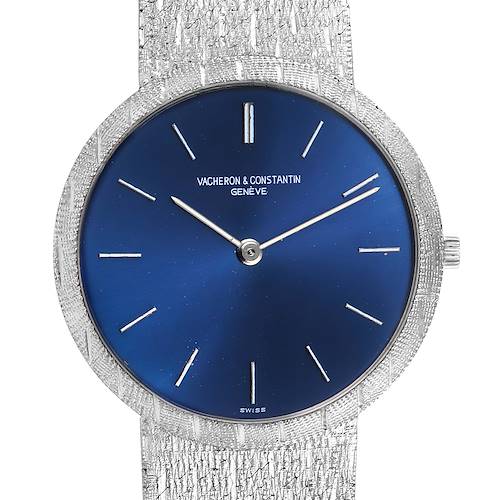 This image shows a front view of the Vacheron Constantin Patrimony 6352 Men's White Gold Blue Dial 6352 Men's White Gold Blue Dial watch, displaying the dial, hands, and part of the strap.