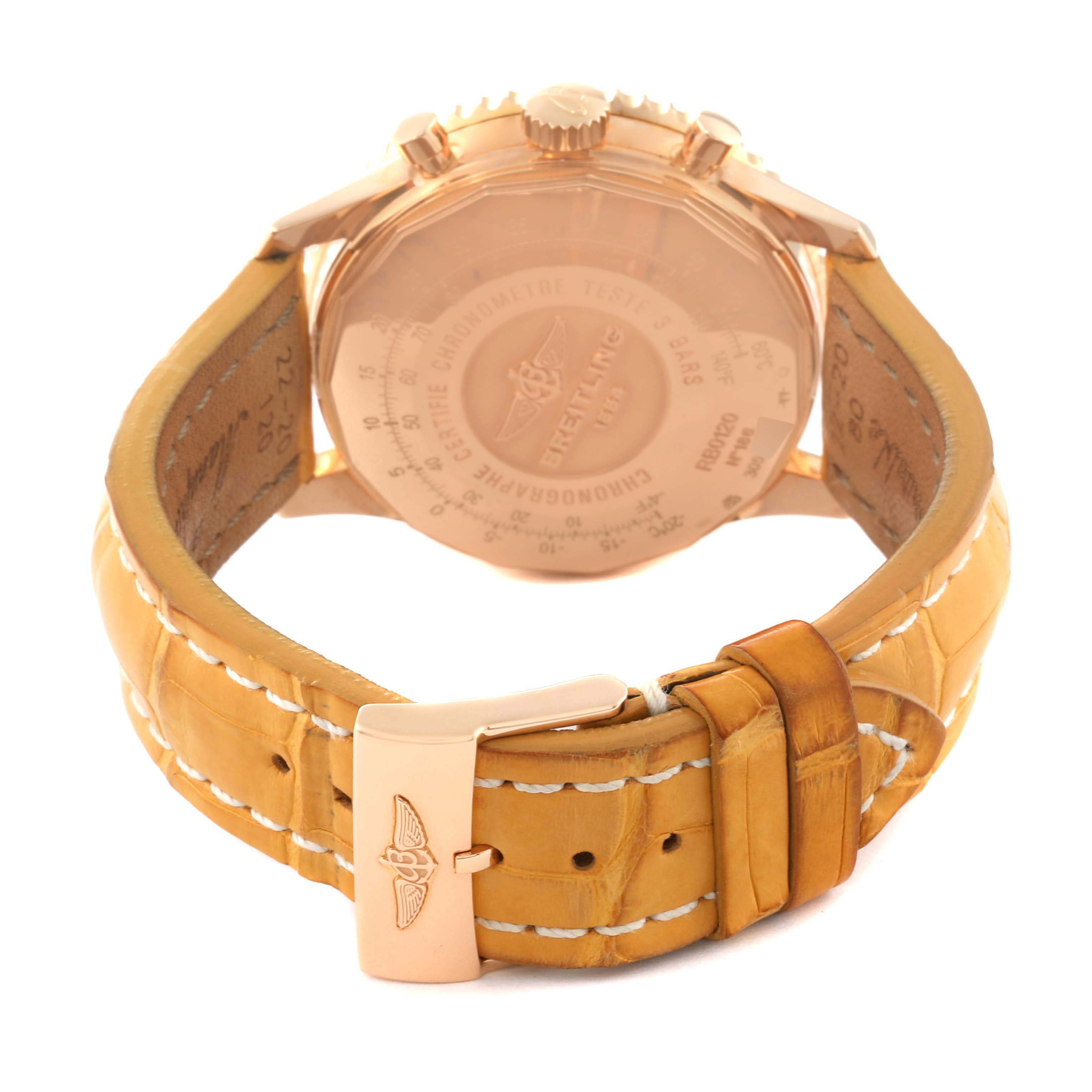 This image shows the back view of a Breitling Navitimer RB0120 Men's Rose Gold Black Dial RB0120 Men's Rose Gold Black Dial watch, focusing on the straps and case back.