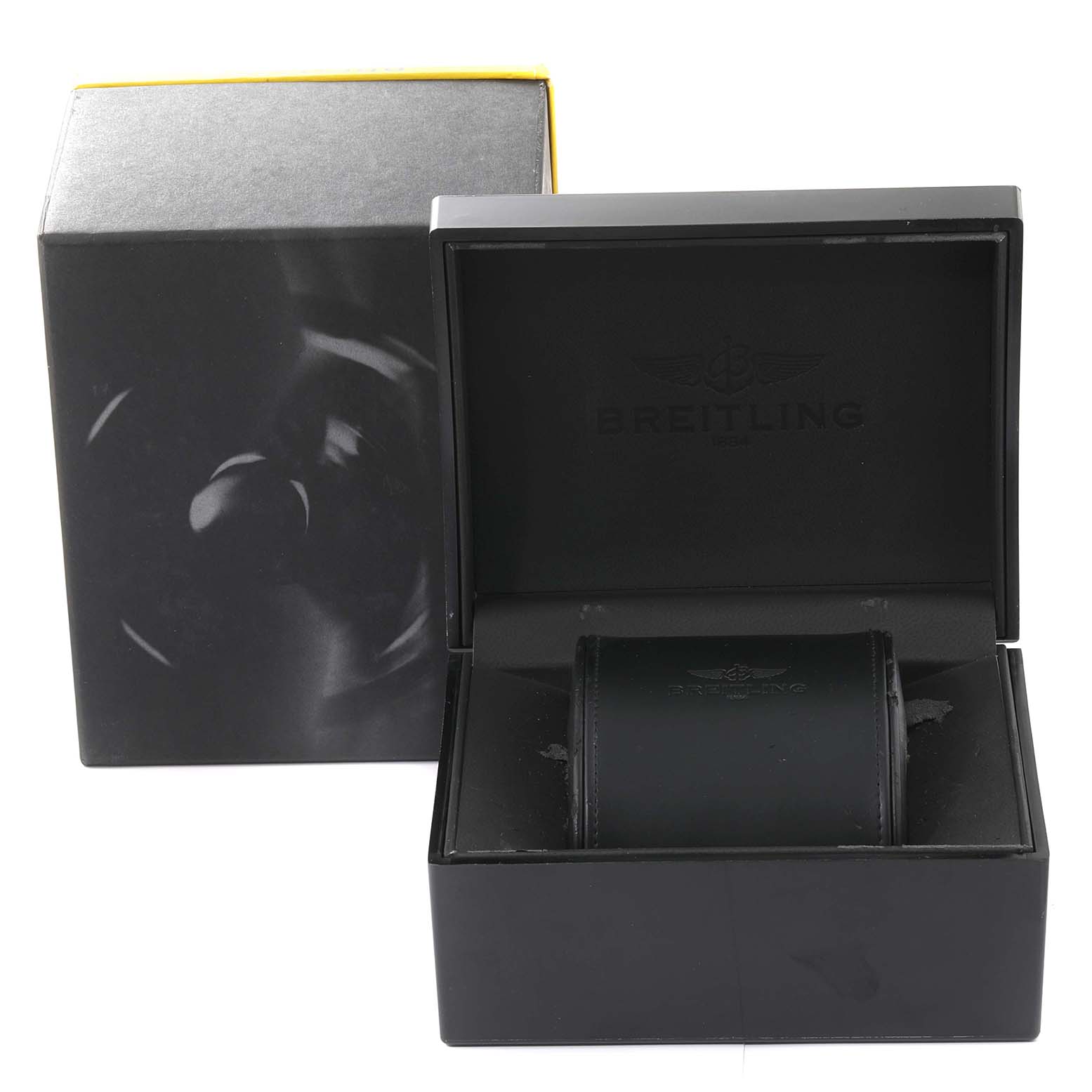 The image shows a Breitling Navitimer RB0120 Men's Rose Gold Black Dial RB0120 Men's Rose Gold Black Dial watch box, open to display the interior pillow and the brand logo.