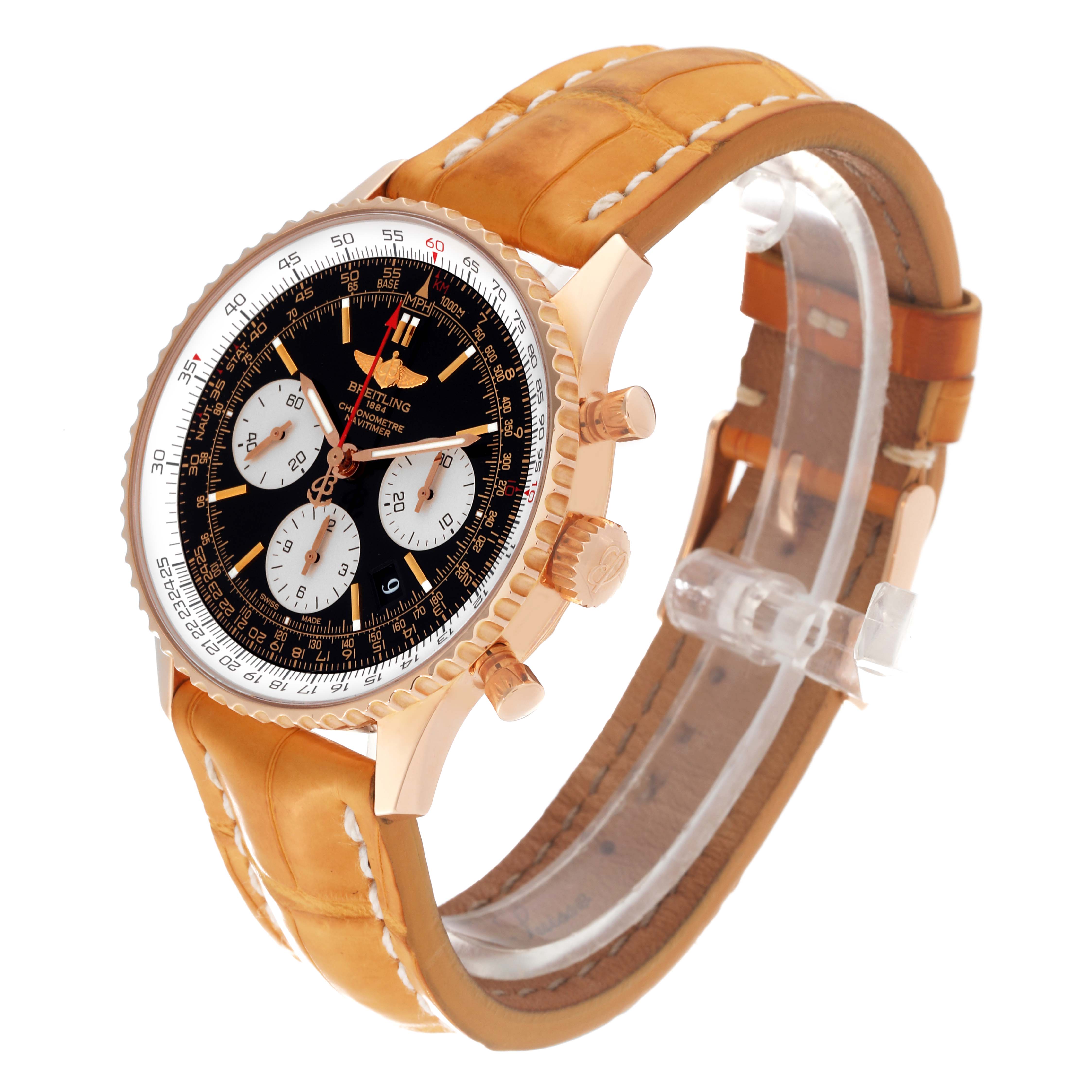 This Breitling Navitimer RB0120 Men's Rose Gold Black Dial RB0120 Men's Rose Gold Black Dial watch is shown from a three-quarter angle, featuring the face, bezel, crown, and leather strap.