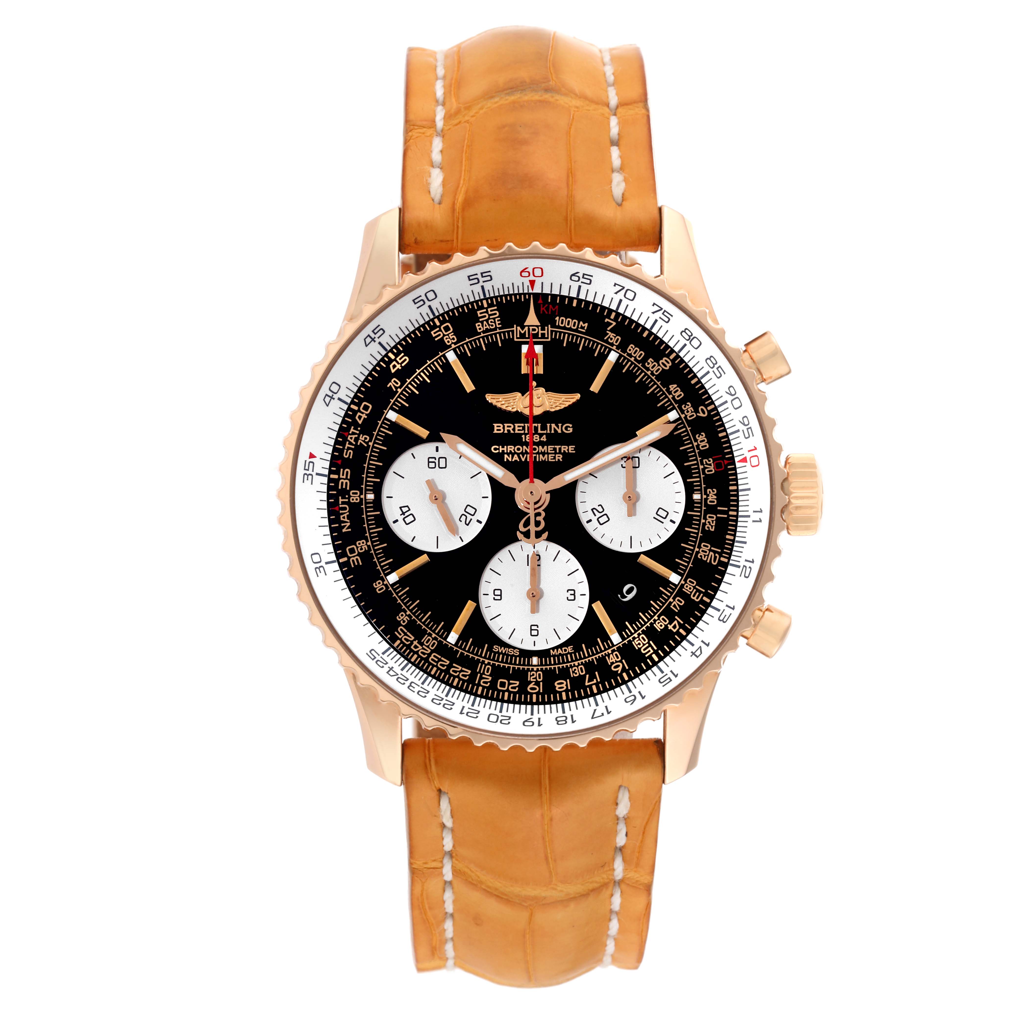 The image shows a front view of a Breitling Navitimer RB0120 Men's Rose Gold Black Dial RB0120 Men's Rose Gold Black Dial watch with a black dial, white subdials, and a brown leather strap.