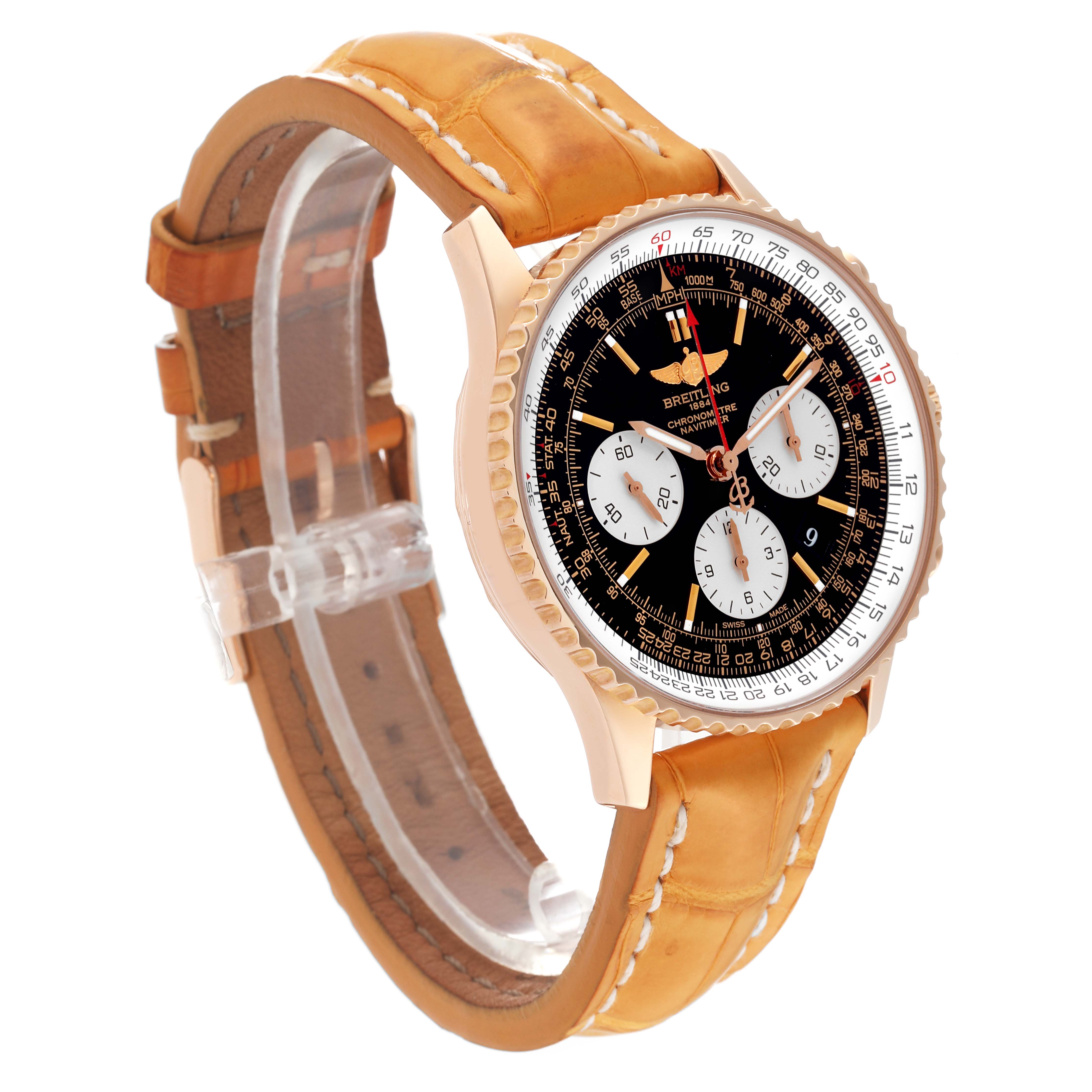 The Breitling Navitimer RB0120 Men's Rose Gold Black Dial RB0120 Men's Rose Gold Black Dial watch is shown at a slight angle, highlighting its face, case, and leather strap.