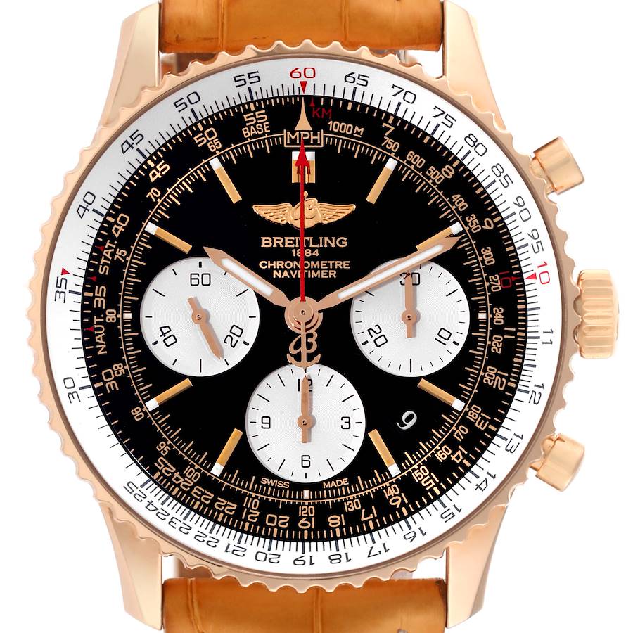 The image shows a frontal view of the Breitling Navitimer RB0120 Men's Rose Gold Black Dial RB0120 Men's Rose Gold Black Dial watch, highlighting its dial, bezel, and leather strap.