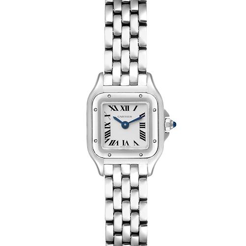 The image shows a front view of the Cartier Panthere WSPN0019 Women's Stainless Steel Silver Dial WSPN0019 Women's Stainless Steel Silver Dial watch, highlighting its white dial, Roman numerals, silver case, and metal bracelet.
