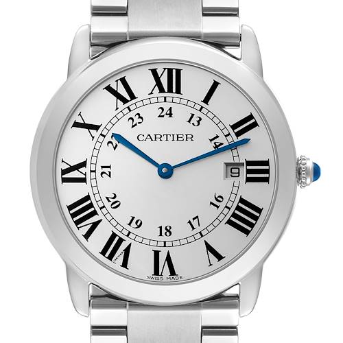 The image shows a front view of the Cartier Ronde W6701005 Men's Stainless Steel Silver Dial W6701005 Men's Stainless Steel Silver Dial watch, featuring Roman numerals, blue hands, and a silver bracelet.