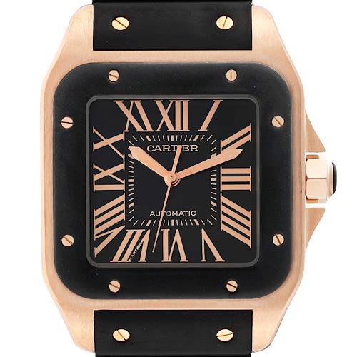 This image shows a close-up front view of a Cartier Santos W20124U2 Men's Rose Gold Black Dial W20124U2 Men's Rose Gold Black Dial watch face and part of the strap.