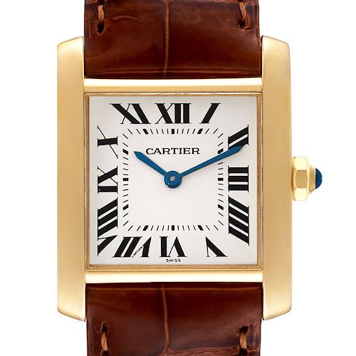 This Cartier Tank Francaise W5000356 Women's Yellow Gold Silver Dial W5000356 Women's Yellow Gold Silver Dial watch is shown from a frontal angle, highlighting the dial, Roman numerals, and leather strap.