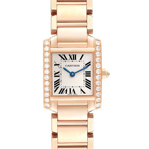 The image shows a frontal view of the Cartier Tank Francaise WJTA0022 Women's Rose Gold Silver Dial WJTA0022 Women's Rose Gold Silver Dial watch, highlighting its face, bezel, and bracelet.