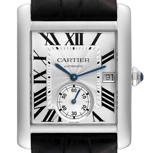 This image shows a front view of the Cartier Tank MC W5330003 Men's Stainless Steel Silver Dial W5330003 Men's Stainless Steel Silver Dial watch, featuring its dial, hands, and crown.