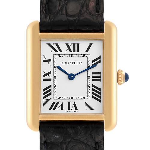 The image shows a front view of a Cartier Tank Solo W1018755 Women's Yellow Gold Silver Dial W1018755 Women's Yellow Gold Silver Dial watch, emphasizing its face, Roman numerals, blue hands, and leather strap.