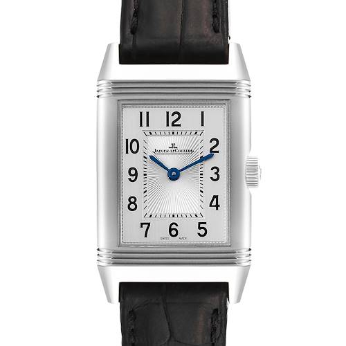 This image shows a front view of a Jaeger-LeCoultre Reverso watch, displaying its rectangular dial and leather strap.