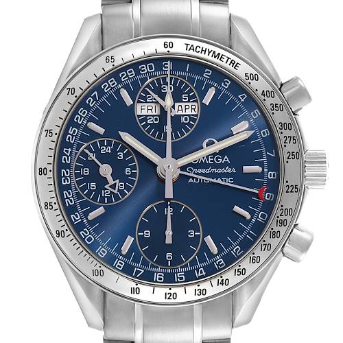 The Omega Speedmaster 3523.80.00 Men's Stainless Steel Blue Dial 3523.80.00 Men's Stainless Steel Blue Dial watch is shown from the front, displaying its blue dial, tachymeter bezel, and chronograph subdials.