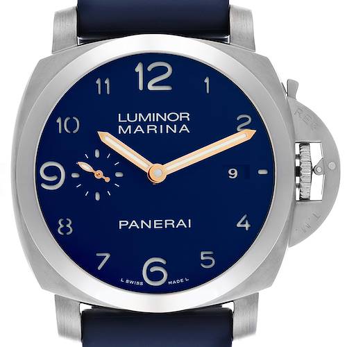The Panerai Luminor PAM00745 Men's Titanium Blue Dial PAM00745 Men's Titanium Blue Dial watch is shown from a front angle, displaying its blue dial, numerals, and signature crown guard.
