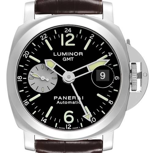 The Panerai Luminor PAM00088 Men's Stainless Steel Black Dial PAM00088 Men's Stainless Steel Black Dial watch is shown from the front, displaying its dial, hands, date window, and crown guard.