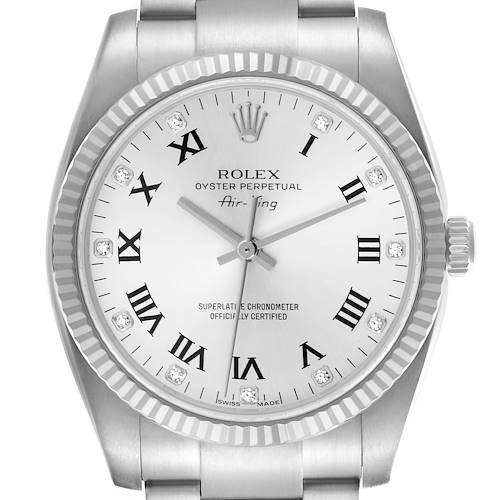 The Rolex Air-King 114234 Men's Stainless Steel Silver Dial 114234 Men's Stainless Steel Silver Dial watch is shown from a front angle, highlighting its dial, bezel, markers, hands, and part of the bracelet.