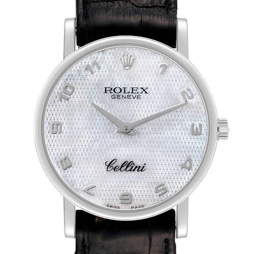 The Rolex Cellini 5115 Men's White Gold Mother of Pearl Dial 5115 Men's White Gold Mother of Pearl Dial watch is shown from the front, highlighting the dial, hour markers, and part of the leather strap.