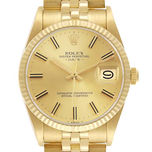 The Rolex Date 15037 Men's Yellow Gold Champagne Dial 15037 Men's Yellow Gold Champagne Dial watch is shown from a top-down angle, highlighting the dial, bezel, crown, and partial bracelet.