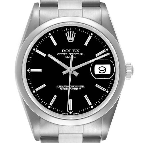 The Rolex Date 15200 Men's Stainless Steel Black Dial 15200 Men's Stainless Steel Black Dial watch is shown from a straight-on angle, displaying the dial, bezel, case, and bracelet.
