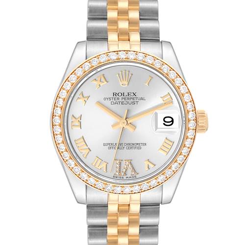 The image shows a front view of a Rolex Datejust Mid-Size watch with a gold and silver bracelet and diamond bezel.