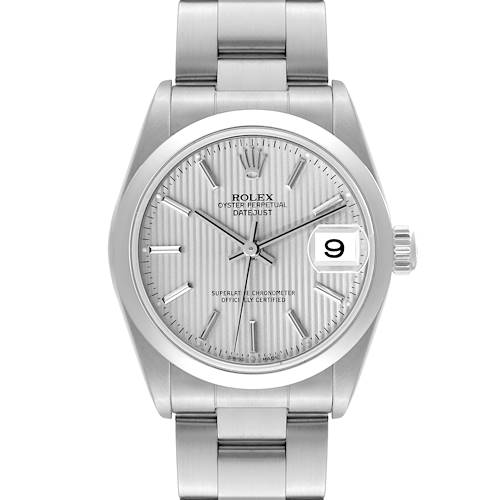 This image shows a front view of the Rolex Datejust Mid-Size watch, displaying the watch face, bezel, and bracelet.