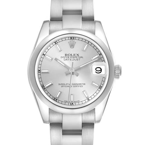 The Rolex Datejust Mid-Size watch is shown from a top-down angle, displaying the face, bezel, and part of the bracelet.