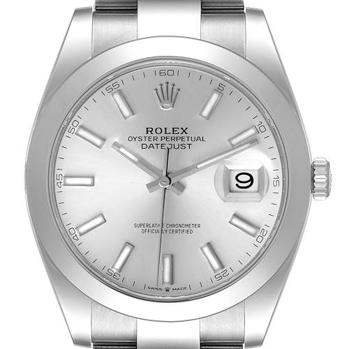The image shows the front view of a Datejust 41 watch by Rolex, highlighting its dial, hands, date window, and bezel.