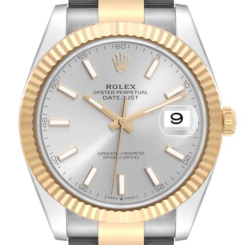 The image shows a front view of a Rolex Datejust 41 126333 Men's Steel and Gold (two tone) Silver Dial 126333 Men's Steel and Gold (two tone) Silver Dial watch, highlighting the dial, bezel, hands, and partially the bracelet.
