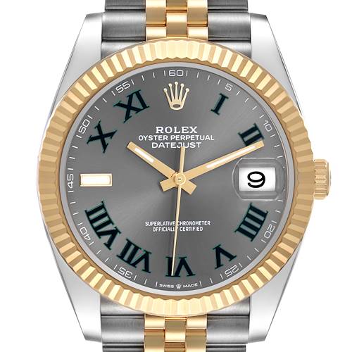 The Rolex Datejust 41 126333 Men's Steel and Gold (two tone) Grey Dial 126333 Men's Steel and Gold (two tone) Grey Dial is shown in a frontal view, displaying the dial, fluted bezel, and part of the bracelet.