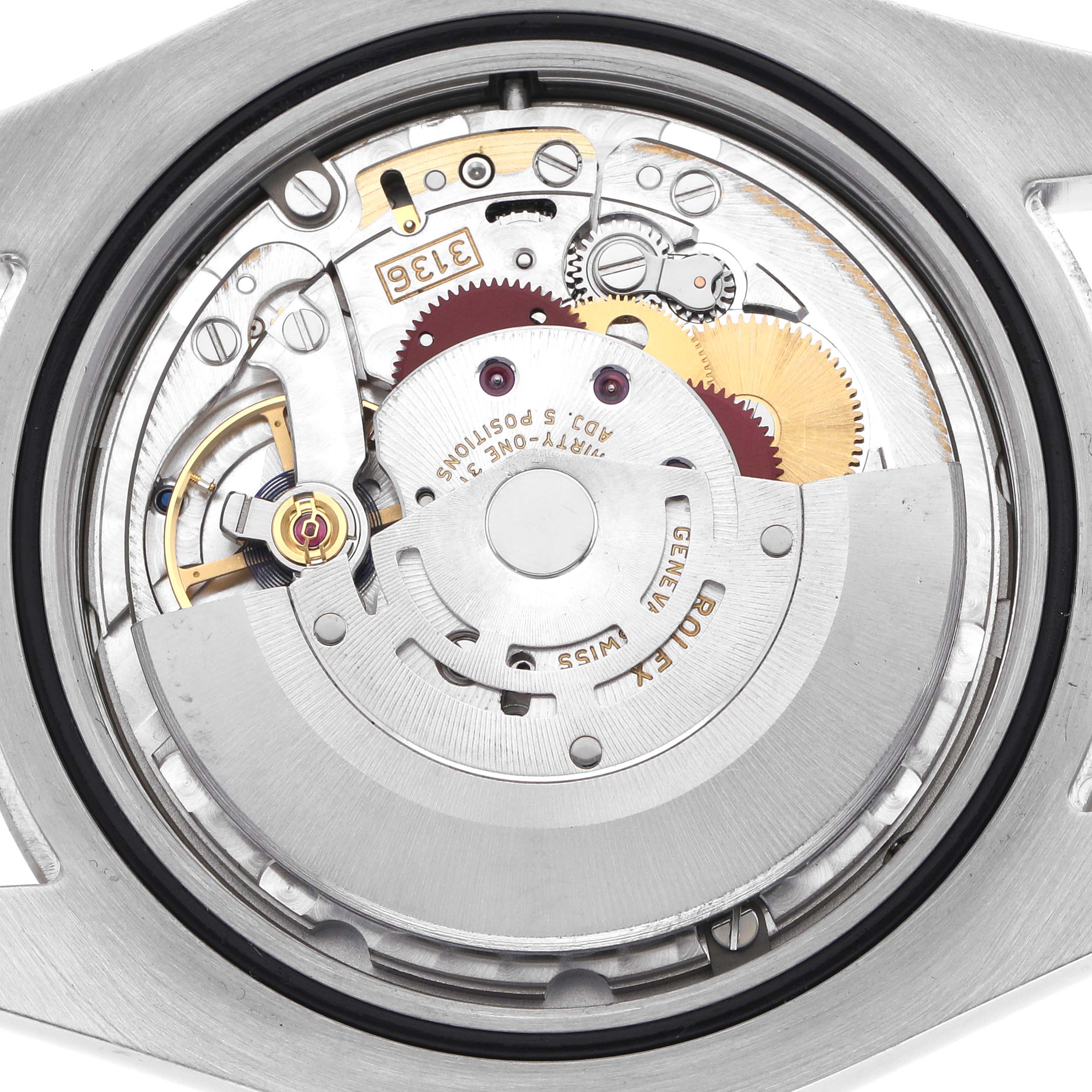 The image shows the internal movement of a Rolex Datejust 41 116334 Men's Stainless Steel Silver Dial 116334 Men's Stainless Steel Silver Dial, highlighting gears and mechanical components.