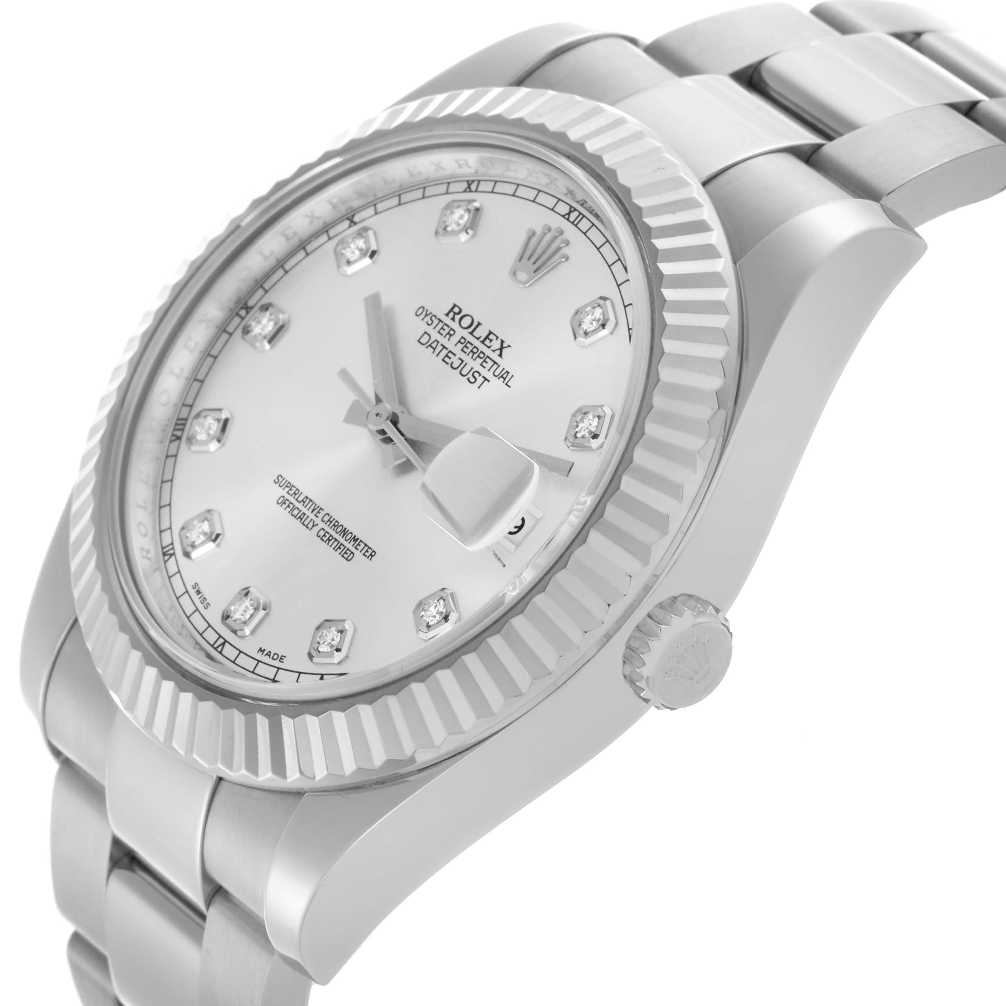 The Rolex Datejust 41 116334 Men's Stainless Steel Silver Dial 116334 Men's Stainless Steel Silver Dial is shown at a slight angle, highlighting the side profile, bezel, dial, and bracelet.