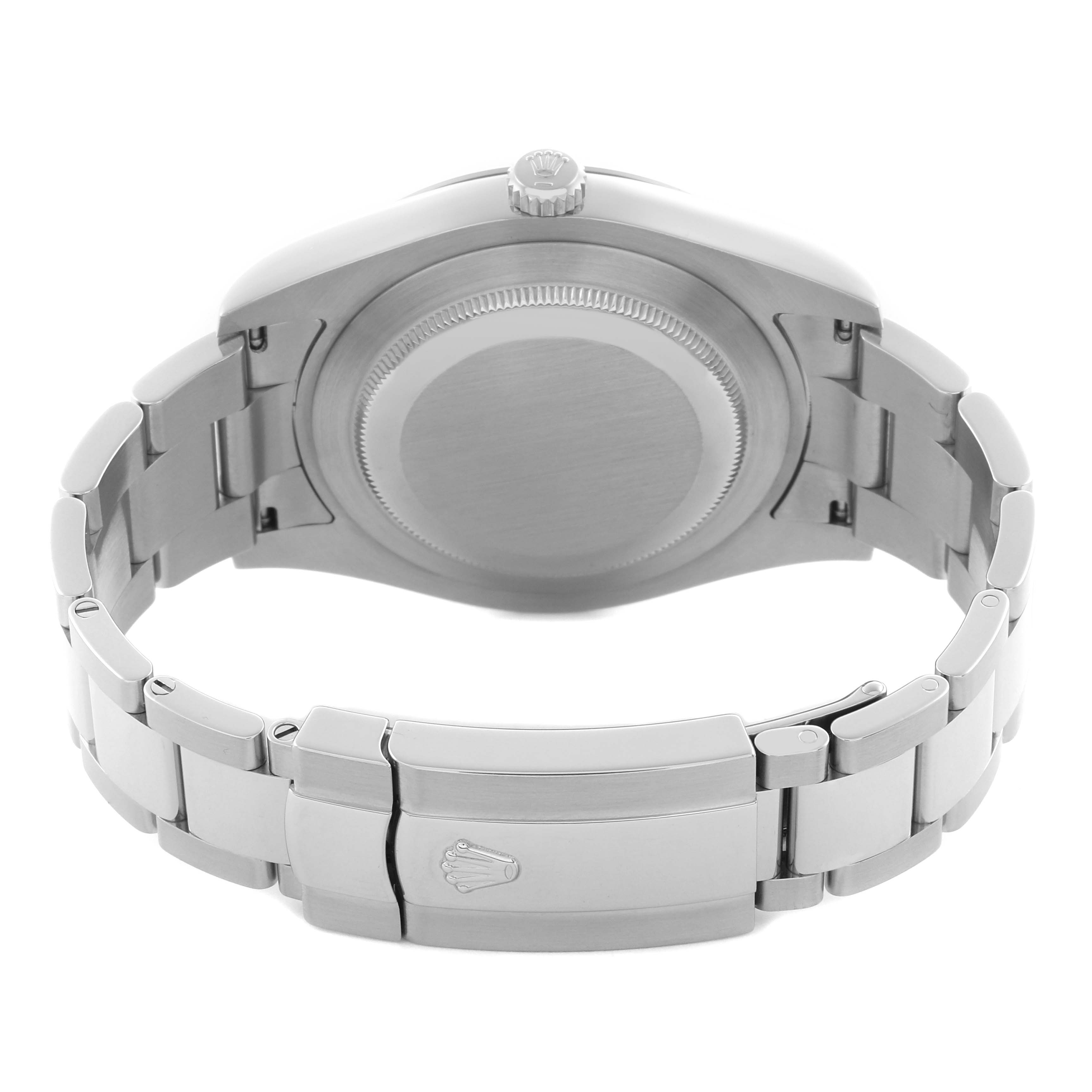 The image shows the back of a Rolex Datejust 41 116334 Men's Stainless Steel Silver Dial 116334 Men's Stainless Steel Silver Dial, highlighting the case back, bracelet, and clasp with the Rolex logo.