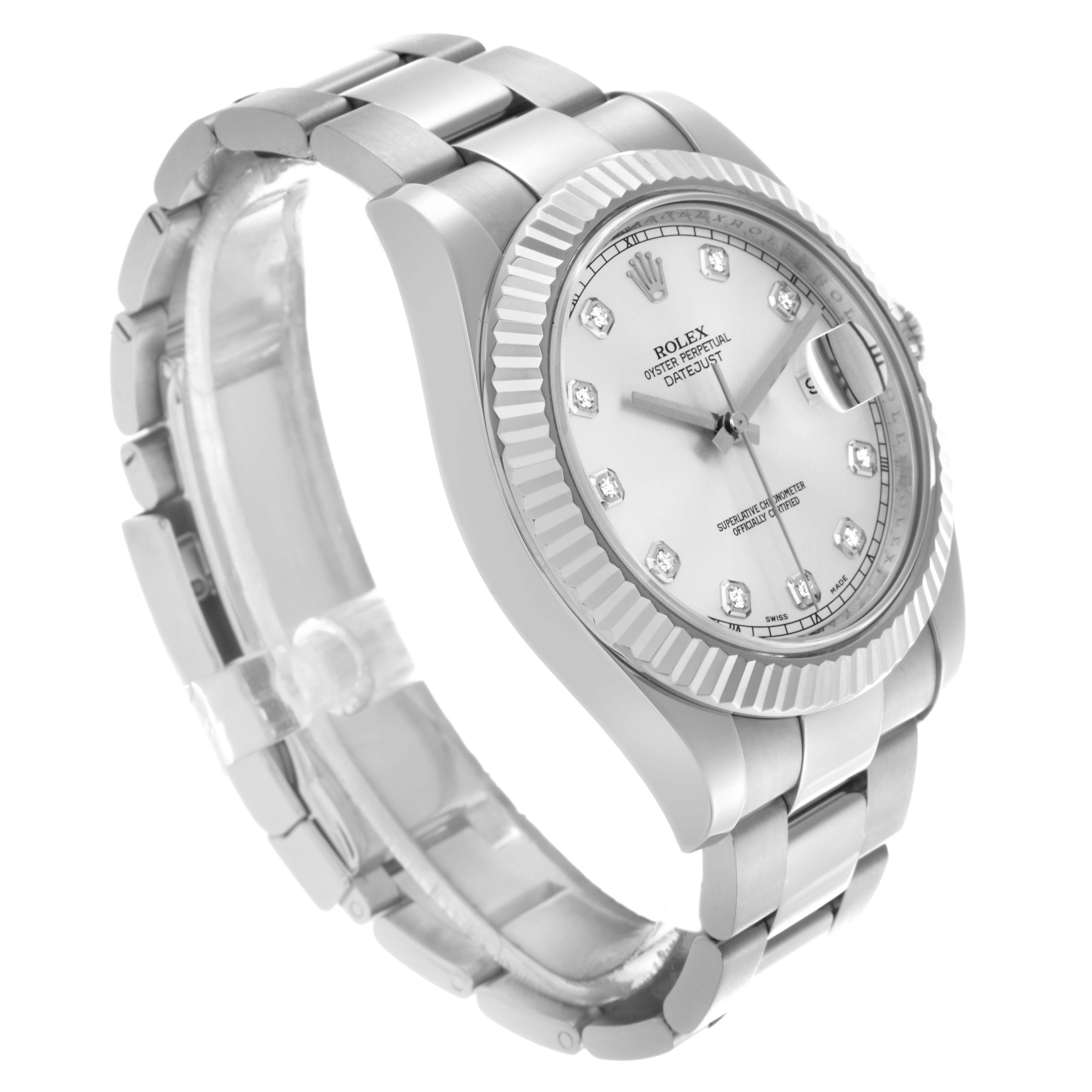 The Rolex Datejust 41 116334 Men's Stainless Steel Silver Dial 116334 Men's Stainless Steel Silver Dial is shown in a three-quarter view, highlighting the bezel, dial, bracelet, and side profile.