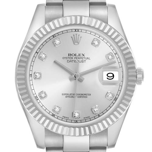 The Rolex Datejust 41 116334 Men's Stainless Steel Silver Dial 116334 Men's Stainless Steel Silver Dial is shown from a front angle, highlighting its dial, fluted bezel, and bracelet.