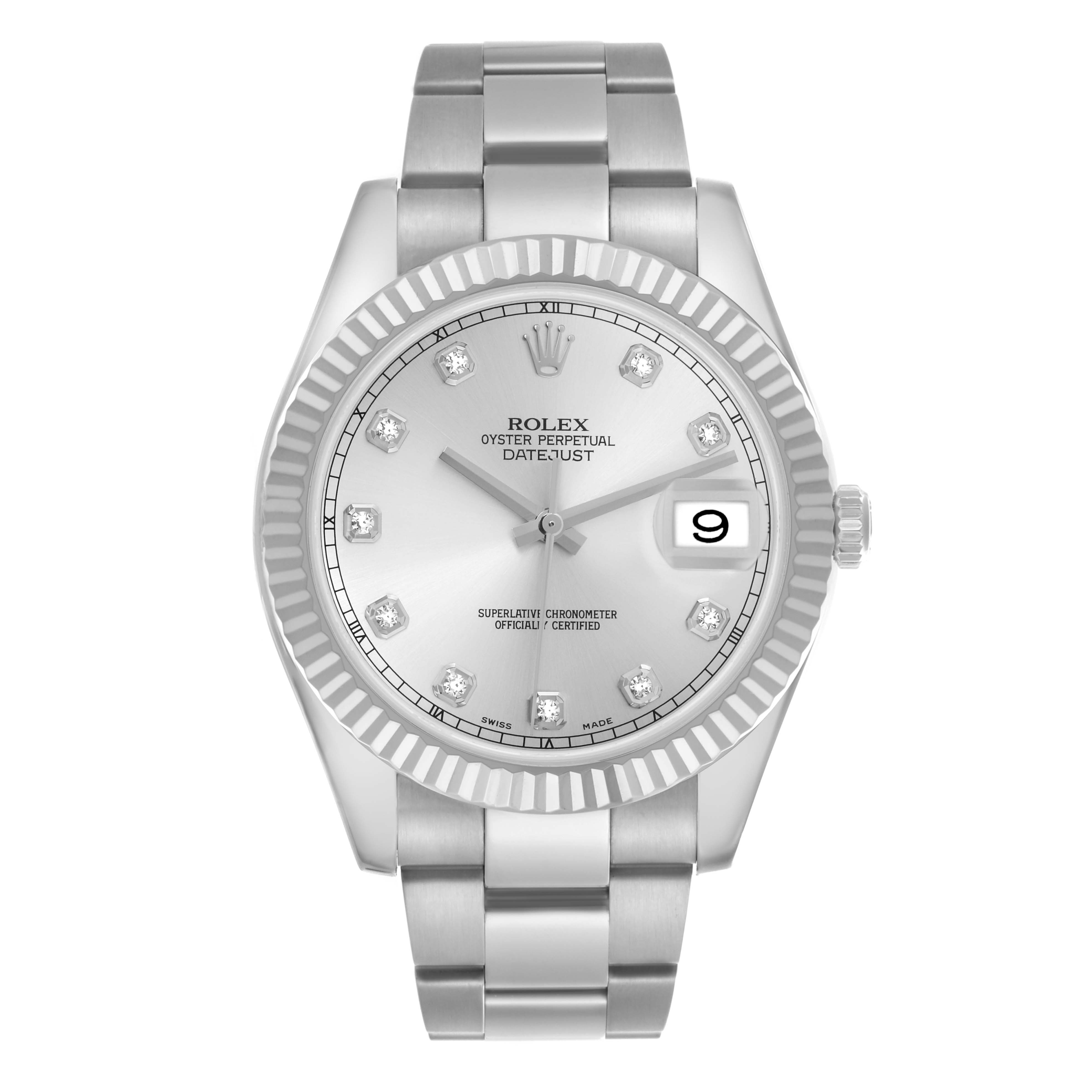 The Rolex Datejust 41 116334 Men's Stainless Steel Silver Dial 116334 Men's Stainless Steel Silver Dial is shown from the front, highlighting the dial, bezel, and bracelet.