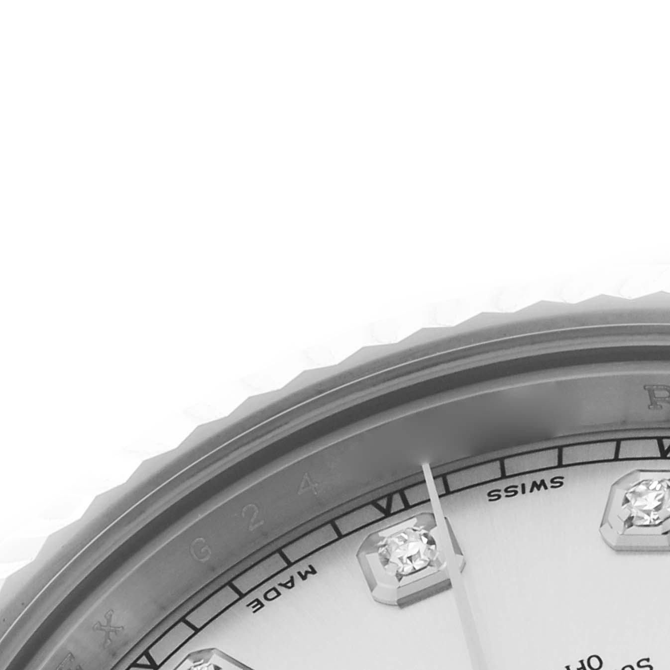 The image shows a close-up of the Rolex Datejust 41 116334 Men's Stainless Steel Silver Dial 116334 Men's Stainless Steel Silver Dial face, featuring the bezel, part of the dial, and diamond hour markers.