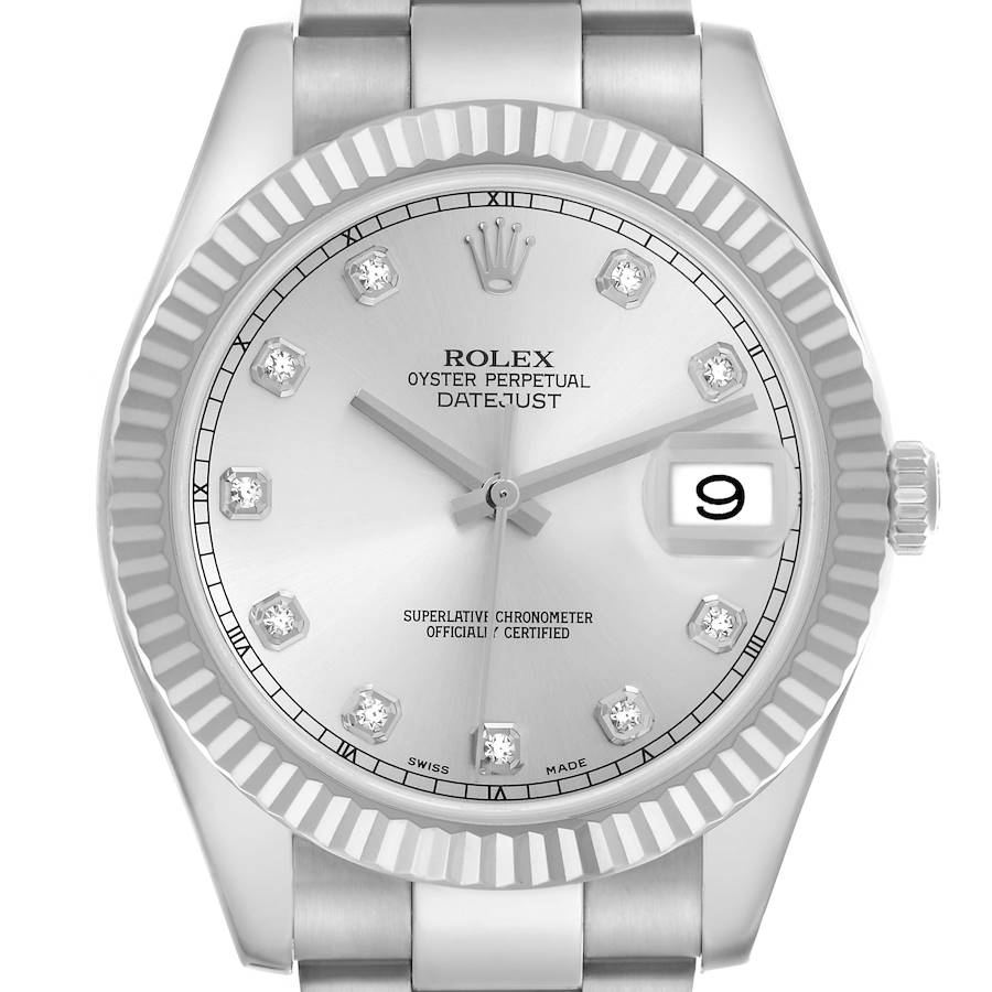 The Rolex Datejust 41 116334 Men's Stainless Steel Silver Dial 116334 Men's Stainless Steel Silver Dial is shown from the front, highlighting the dial, bezel, and bracelet.