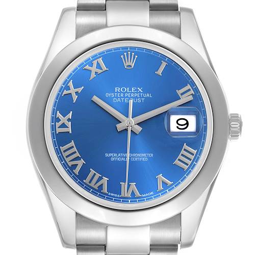 The image shows a frontal view of the Rolex Datejust 41 116300 Men's Stainless Steel Blue Dial 116300 Men's Stainless Steel Blue Dial, highlighting the blue dial, Roman numeral markers, and date window.