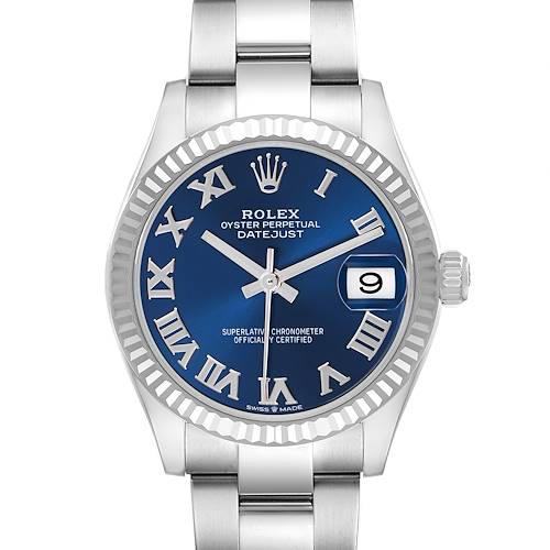 The Rolex Datejust Mid-Size watch is shown from a front angle, displaying the blue dial, Roman numerals, case, bezel, and part of the bracelet.