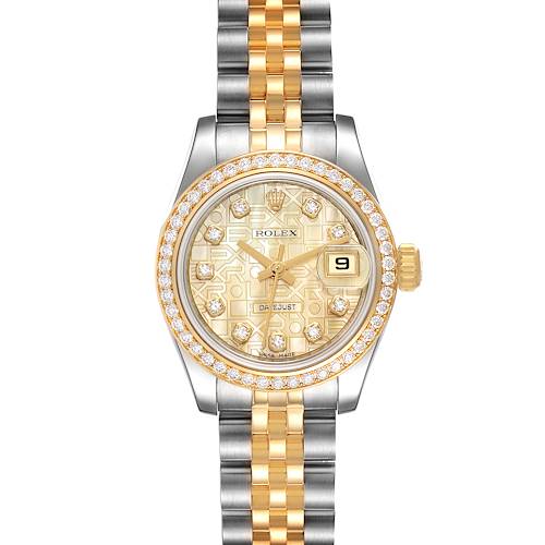 This image shows a front view of a Rolex Datejust 179383 Women's Steel and Gold (two tone) Mother of Pearl Dial 179383 Women's Steel and Gold (two tone) Mother of Pearl Dial watch, featuring a gold and silver bracelet with a diamond bezel and date window.