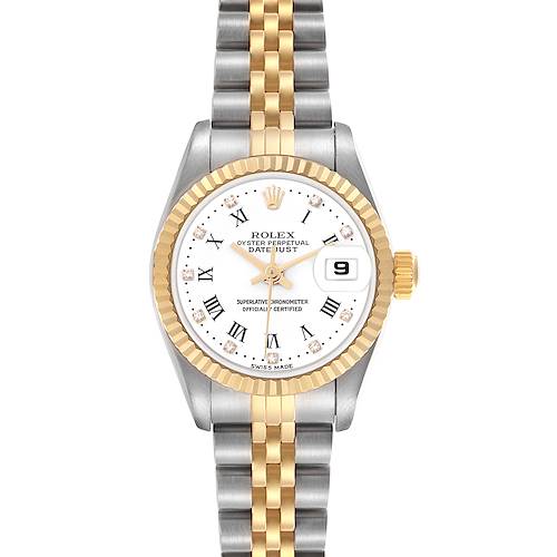 The Rolex Datejust 79173 Women's Steel and Gold (two tone) White Dial 79173 Women's Steel and Gold (two tone) White Dial watch is shown from a front angle, displaying the dial, bezel, and two-tone bracelet.