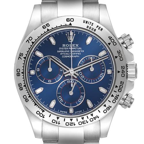 The Rolex Daytona 116509 Men's White Gold Blue Dial 116509 Men's White Gold Blue Dial model is shown from the front, highlighting its bezel, dial, sub-dials, and chronograph pushers.