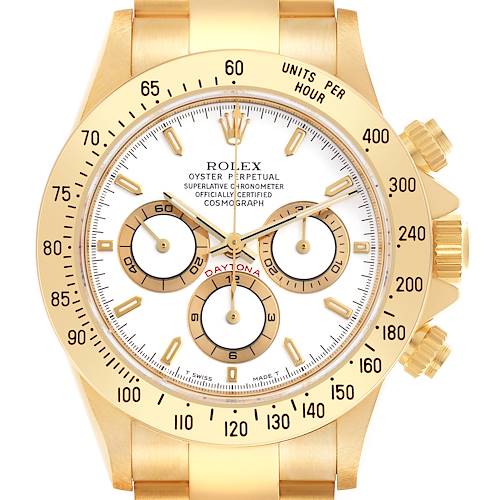 The Rolex Daytona 16528 Men's Yellow Gold White Dial 16528 Men's Yellow Gold White Dial watch is shown from the front, highlighting its gold bezel, sub-dials, and prominent markers.
